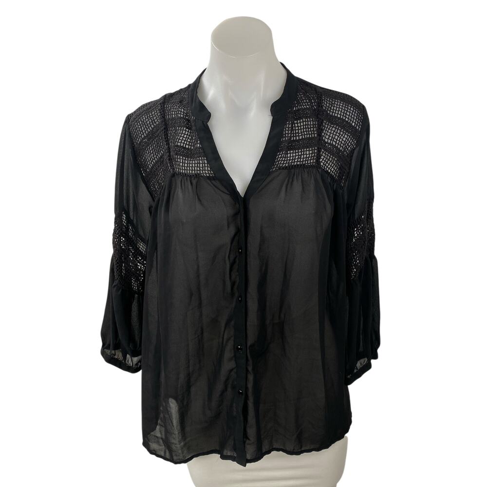Vila Women's Black Lace Eyelet Long Sleeve Mesh Button Down Blouse Top Size M